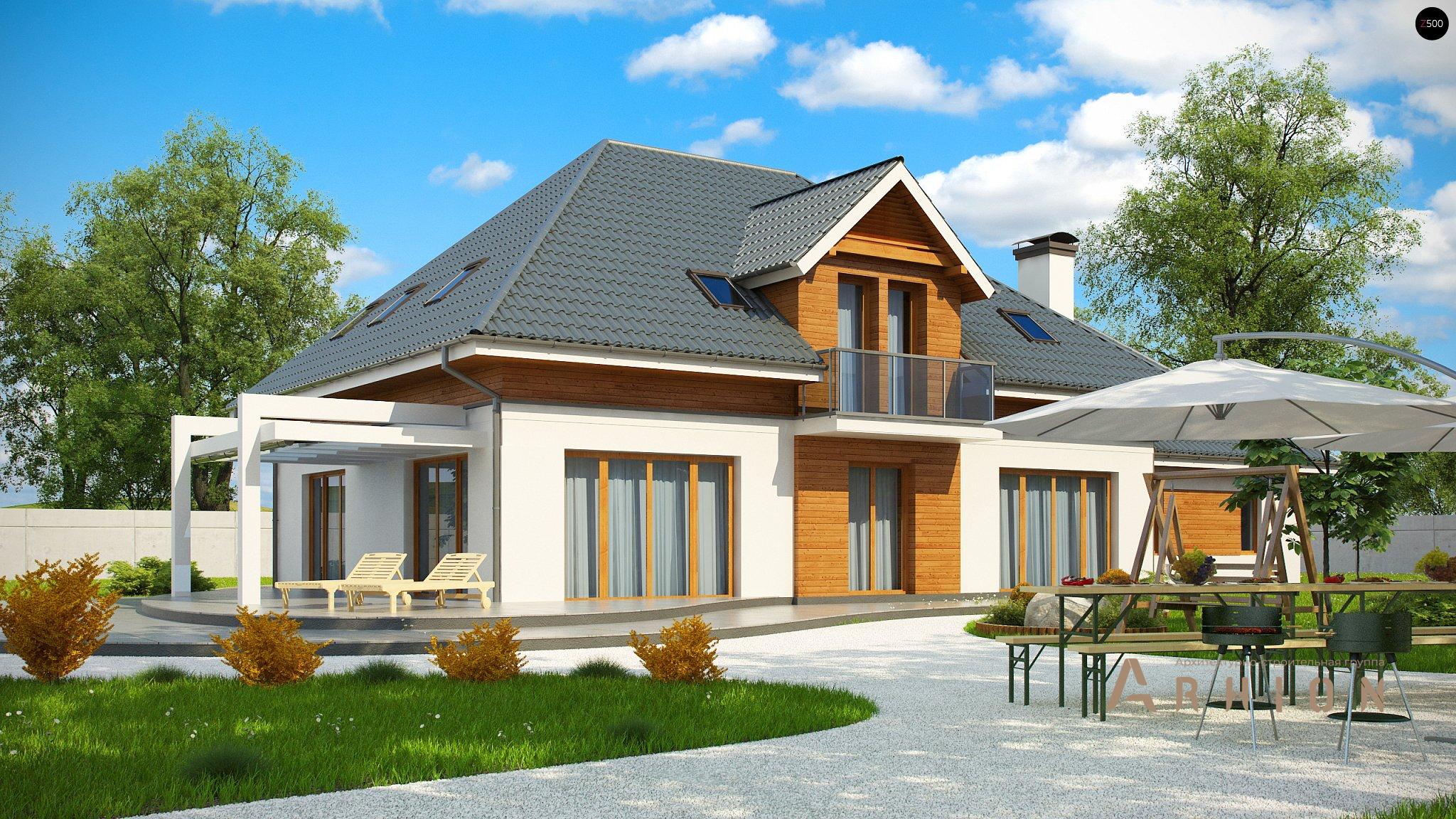 1. Проект одноэтажного дома в альпийском стиле с четырехскатной, Z50 A, площадью - 343 кв c мансардой, терассой, балконом, гаражом